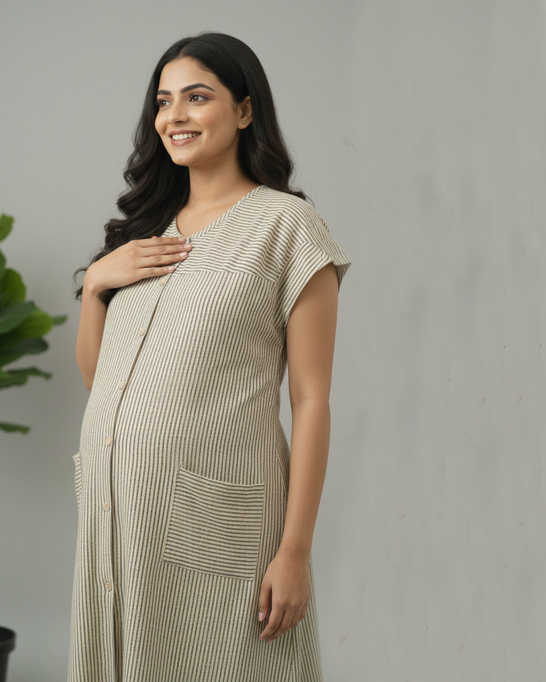 Yellowish Cream Cotton Vertical Striped Full-Open Maternity & Nursing Nighty