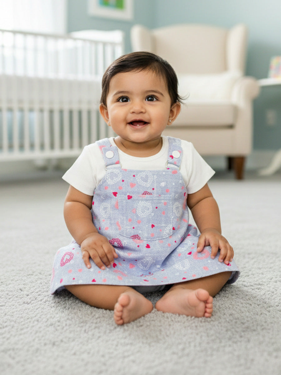 Grey-Blue Heart Print Overall Dress with White Inner Top – Soft Knitted Baby Girl Set