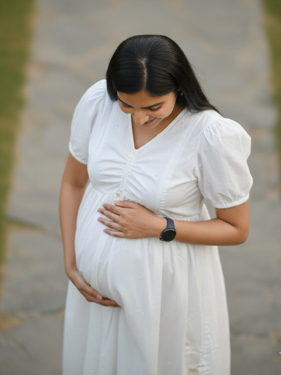 White Cotton Maternity & Feeding Dress with Bead & Thread Work – Christmas Edition