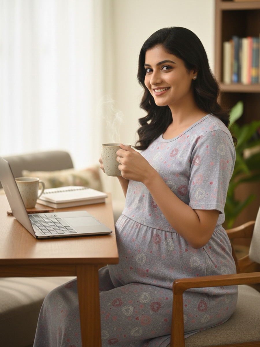 Zipless Maternity & Feeding Dress – Greyish Blue Melange Heart Print
