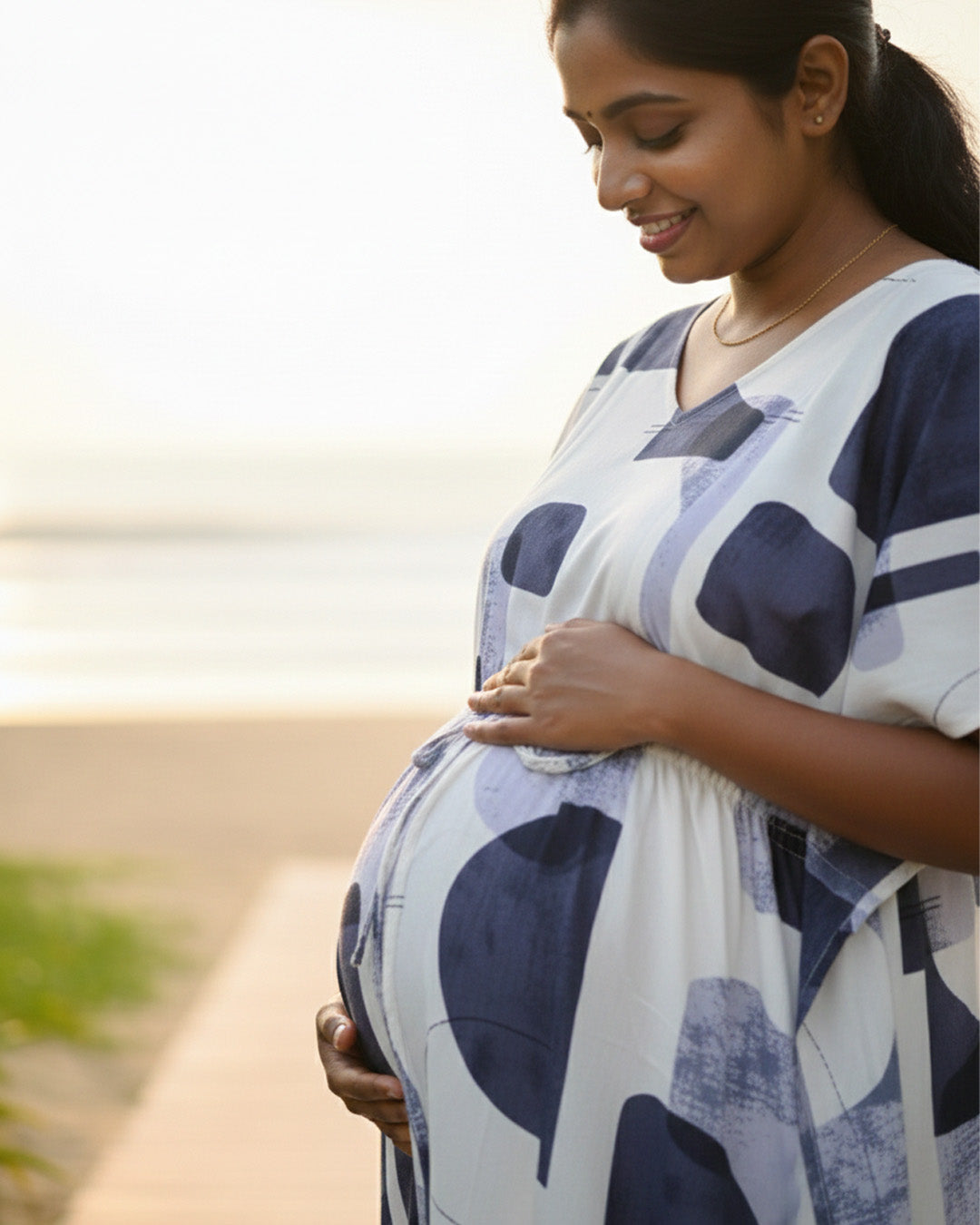 Maternity & Nursing Kaftan – White with Navy, Indigo & Lavender Abstract Print & Dual Zips | Ziva