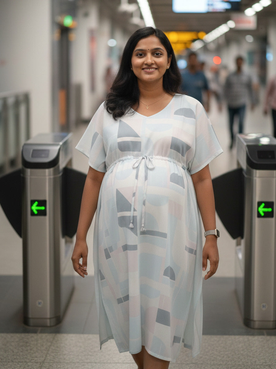 White Geometrical Print Maternity & Feeding Kaftan|ziva