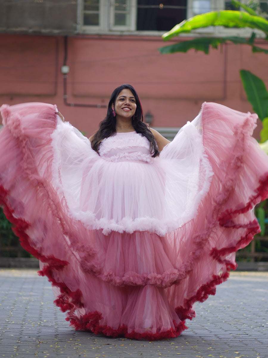 Stylish Baby Shower & Photoshoot Ombre Ruffle Pattern Maternity Gown in Pink–Peach–Red