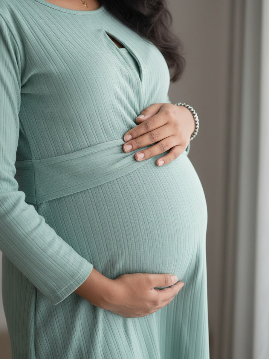 Green Twisty Knit Cotton Maternity & Nursing Dress (Zipless Feeding) – Ziva