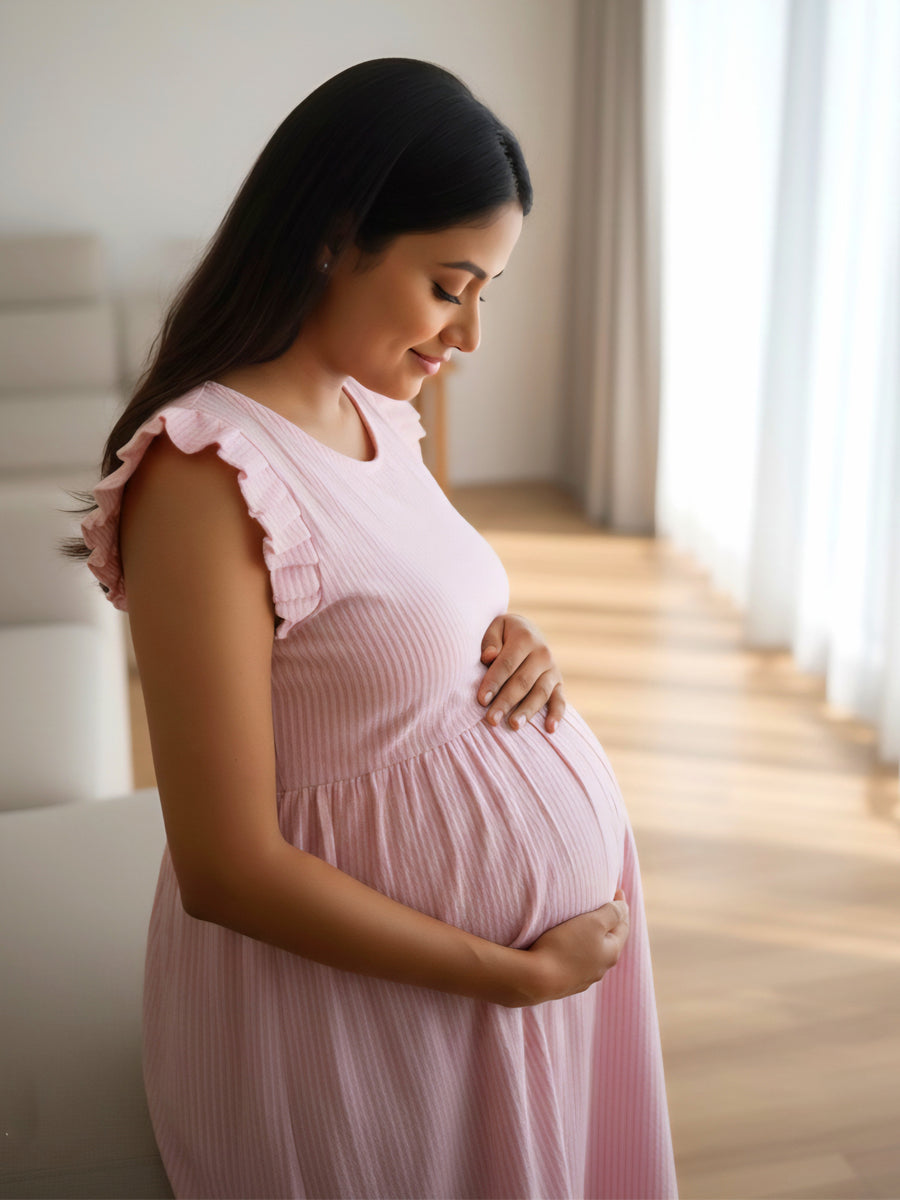 Pink Striped Cotton Maternity & Nursing Dress with Dual Zip Feeding | Ziva