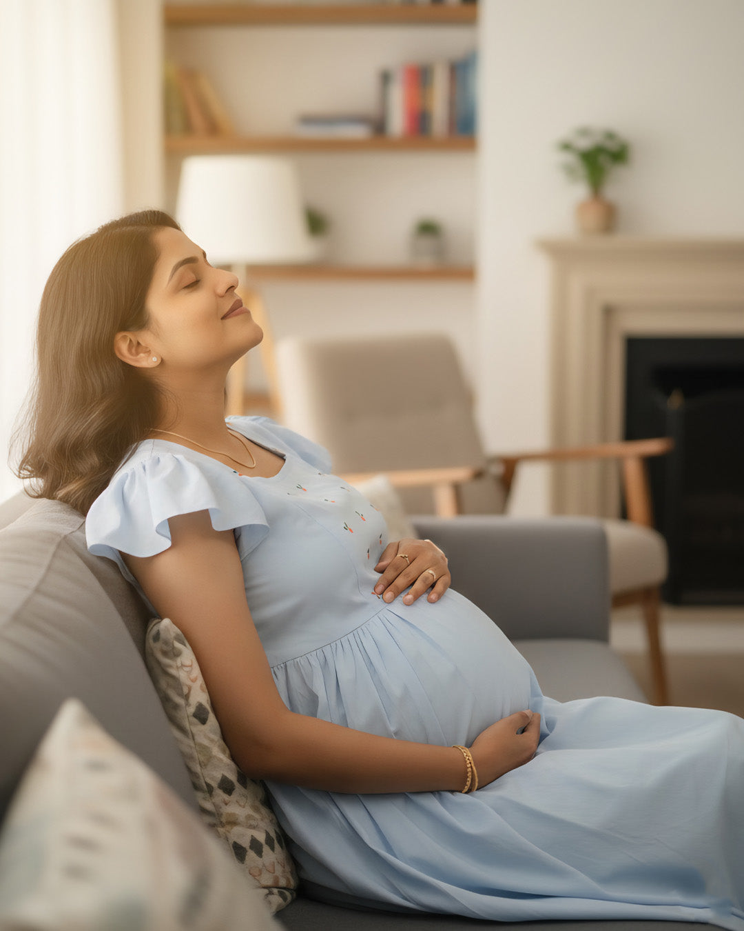 Blue Cotton Maternity and feeding Dress with Flutter Sleeves & Adjustable Side Ties