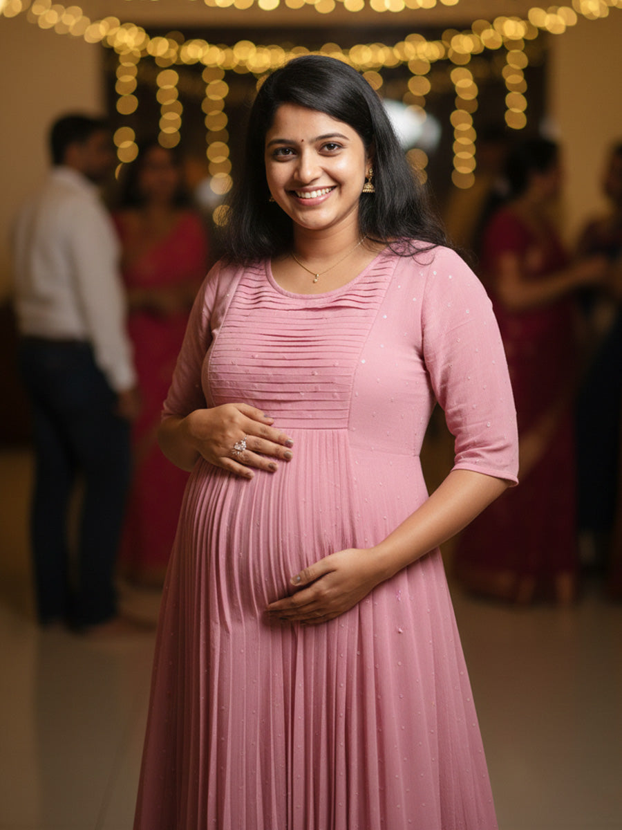 Dusty Pink Pleated Party Wear Maternity & Nursing Dress – Ziva