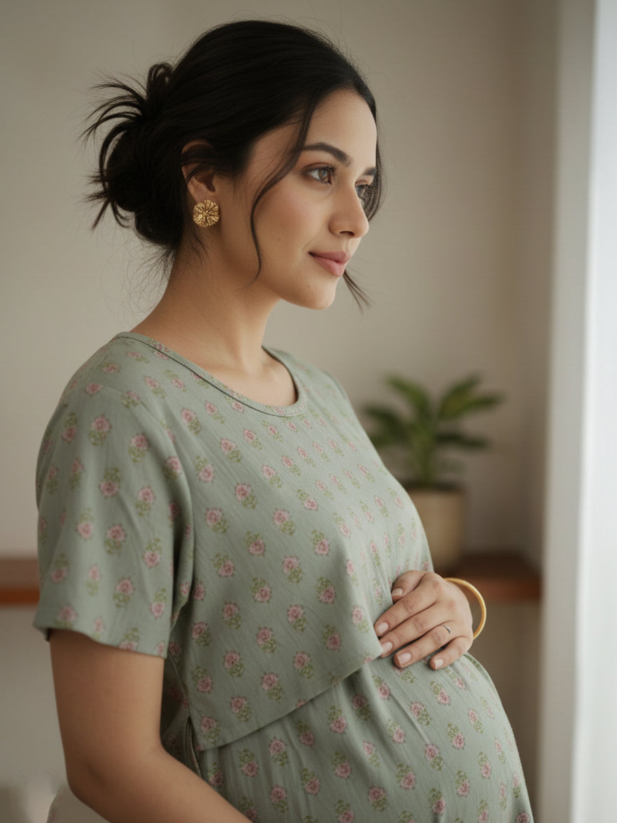 Zipless Maternity & Feeding Dress – Olive Green Floral Print | Ziva