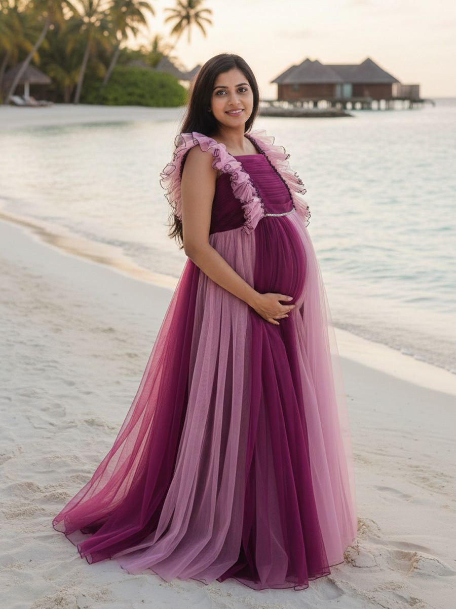 Wine & Pink Shaded Baby Shower & Photoshoot Gown with Pleated Yoke and Flowing Net Skirt