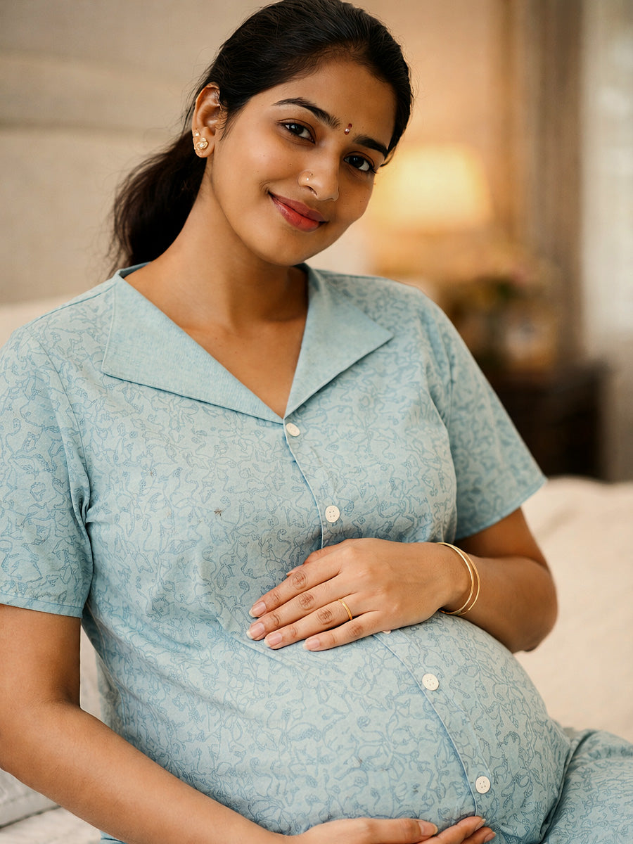 Cotton Full Open Maternity & Nursing Nighty – Powder Blue Abstract Print – Full Length