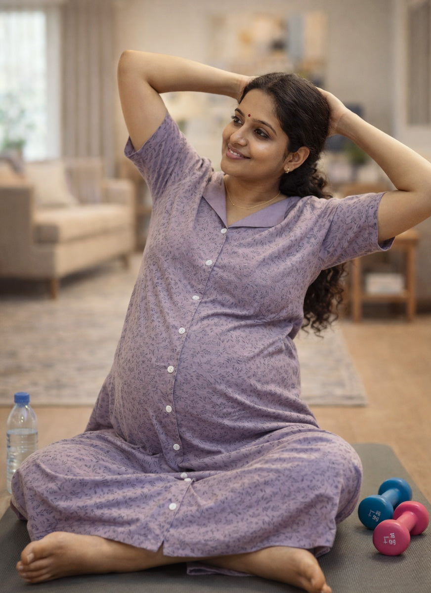 Greyish Purple Floral Print Cotton Full Length Maternity & Feeding Nighty (Full Open)