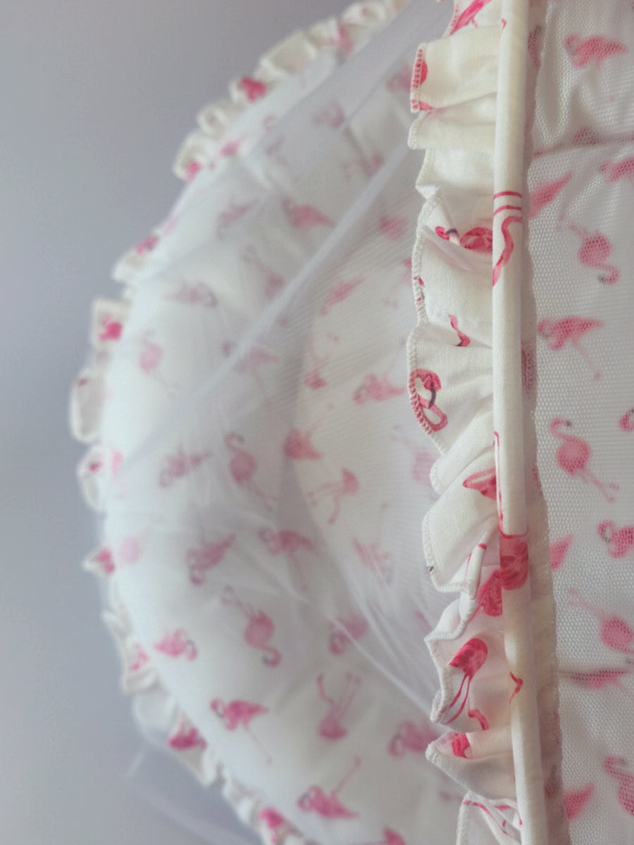 Ziva Cotton Baby Net Bed with Head Rest (Flamingo Pink Print on White Fabric)