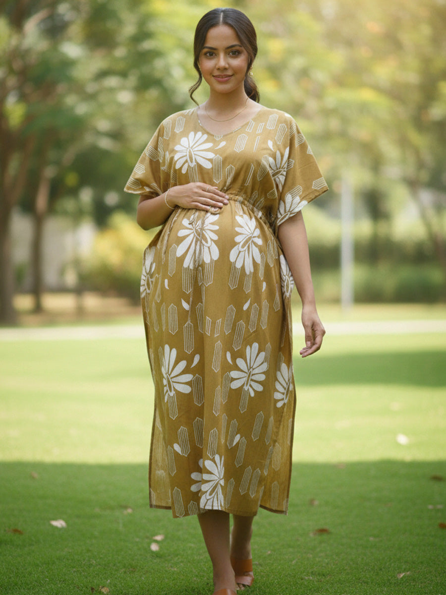 Golden Brown Floral Premium Maternity & Nursing Kaftan | Ziva