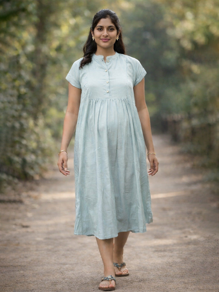 Ziva Pastel Teal Premium Crinkle Textured Maternity & Nursing Dress