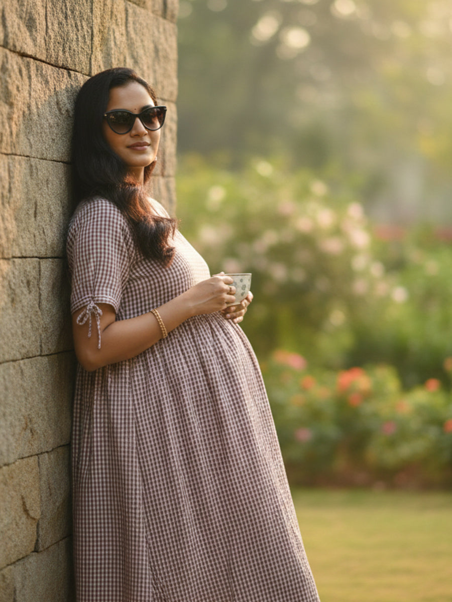 Trendy Maternity & Feeding Dress – Light Cocoa Brown & Cream Gingham (Seersucker Fabric)