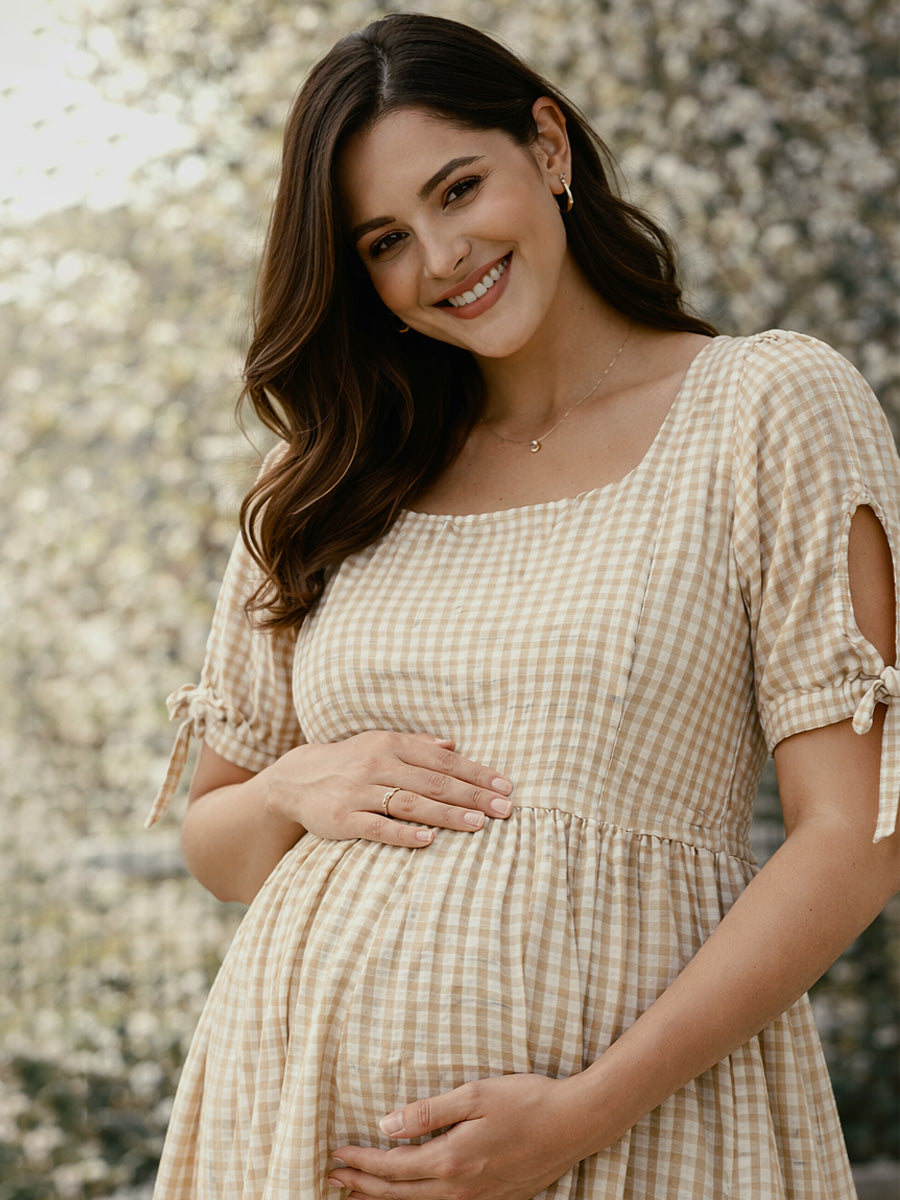 Light Yellowish Brown Gingham Cotton Blend Nursing Midi Dress with Side Zips & Pockets