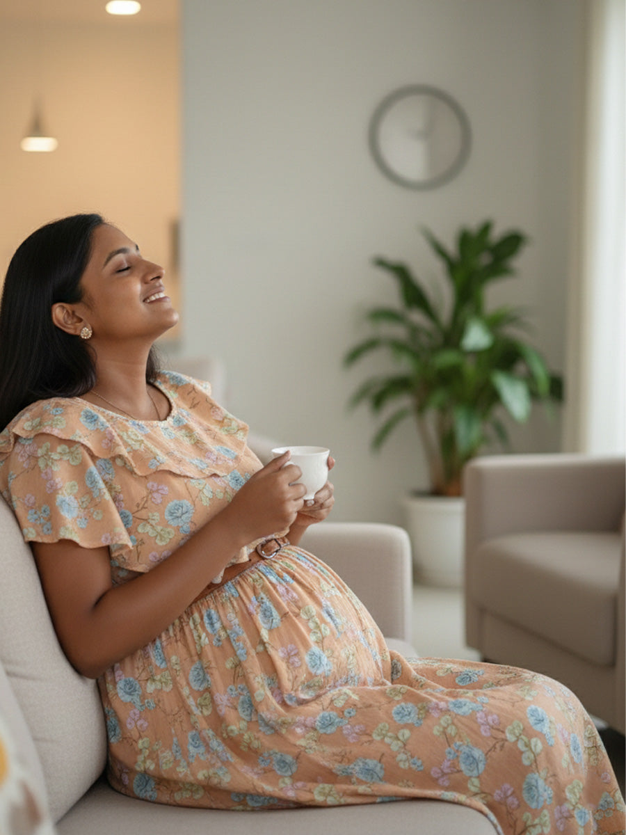 Light Orange Floral Overlay Maternity & Feeding Dress