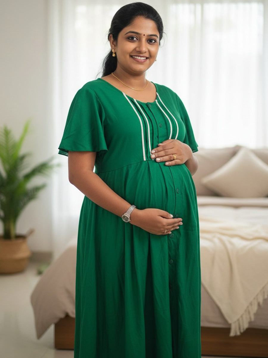 Green Plain Full-Open Feeding Short Nighty with Lace Yoke