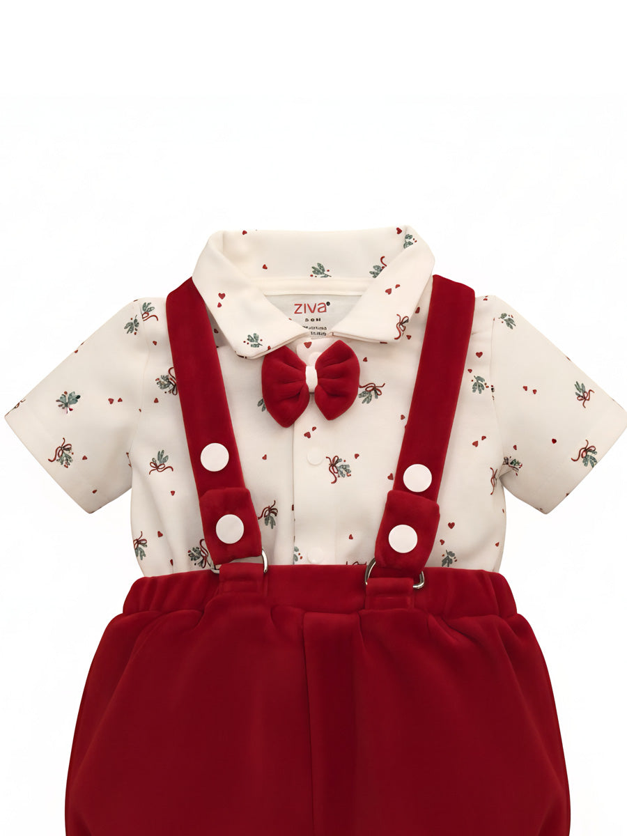 White Collared Shirt & Red Strap Shorts Baby Outfit – Festive & Stylish Set
