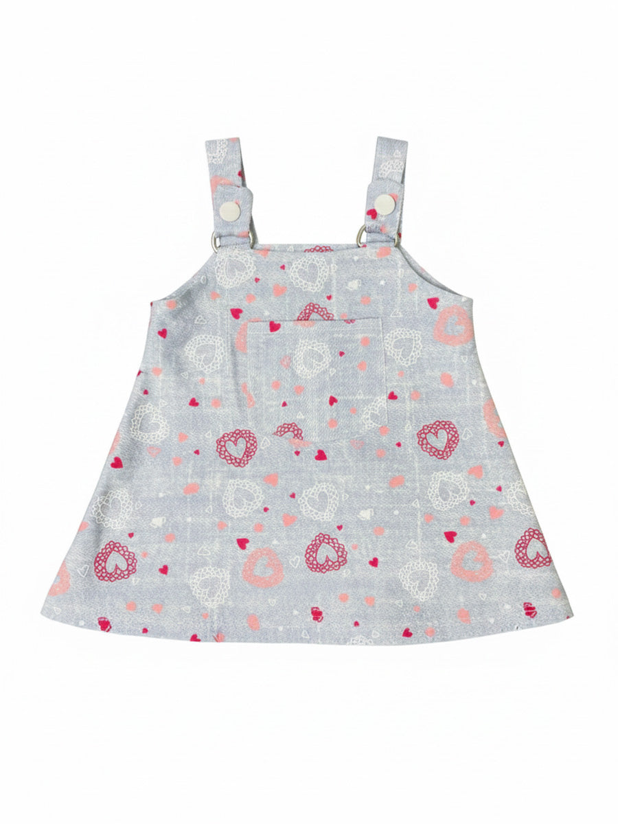 Grey-Blue Heart Print Overall Dress with White Inner Top – Soft Knitted Baby Girl Set