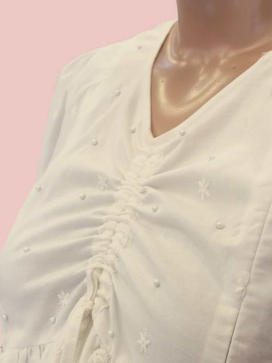 White Cotton Maternity & Feeding Dress with Bead & Thread Work – Christmas Edition