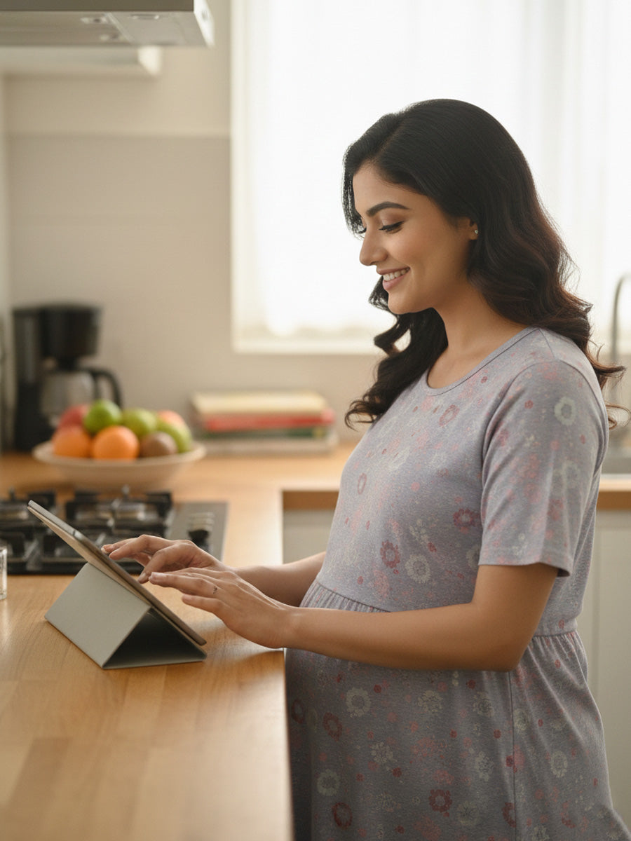 Zipless Maternity & Feeding Dress – Greyish Blue Melange Heart Print