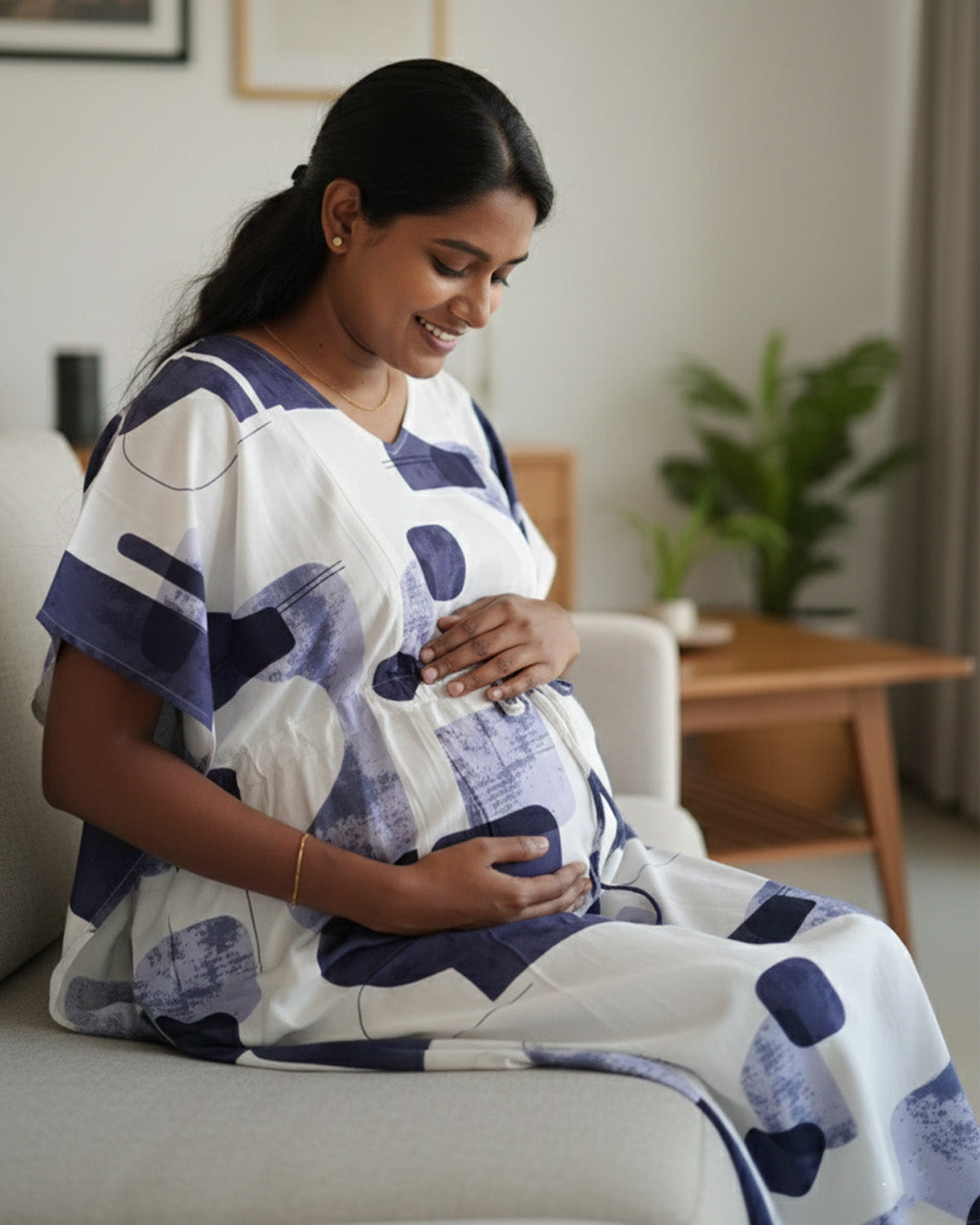 Maternity & Nursing Kaftan – White with Navy, Indigo & Lavender Abstract Print & Dual Zips | Ziva