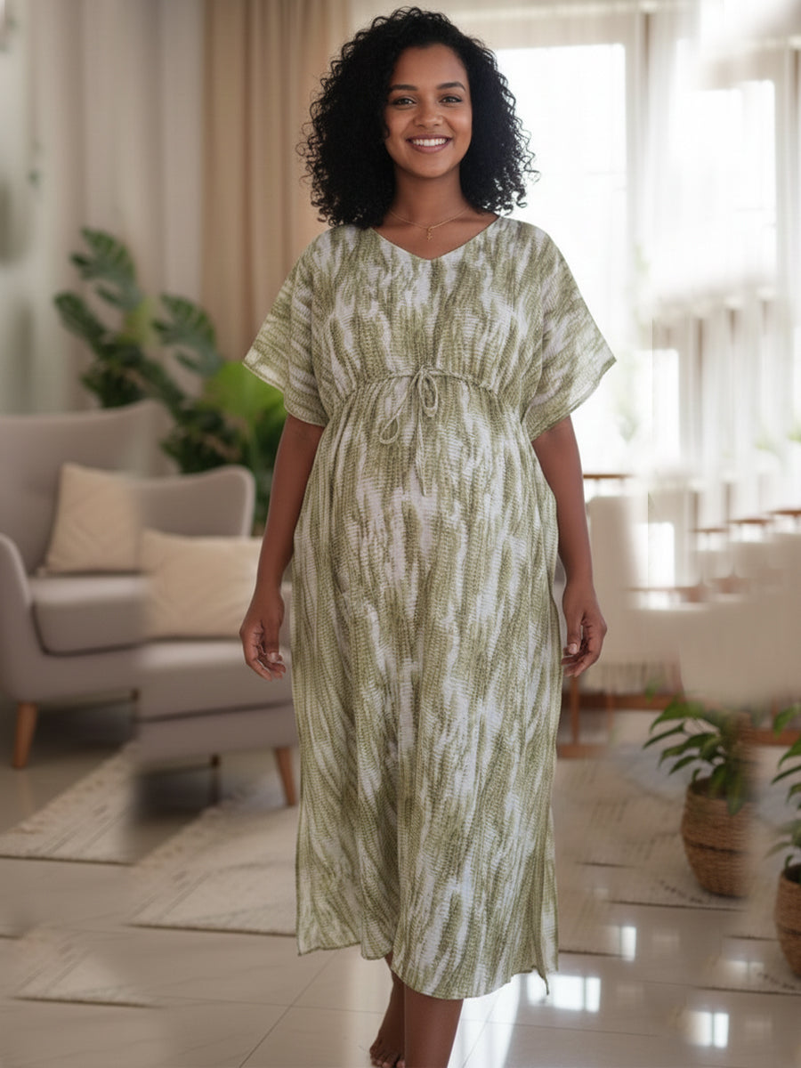 Off-White Pear Green Tie-Dye Maternity & Feeding Kaftan with Dual Nursing Zips