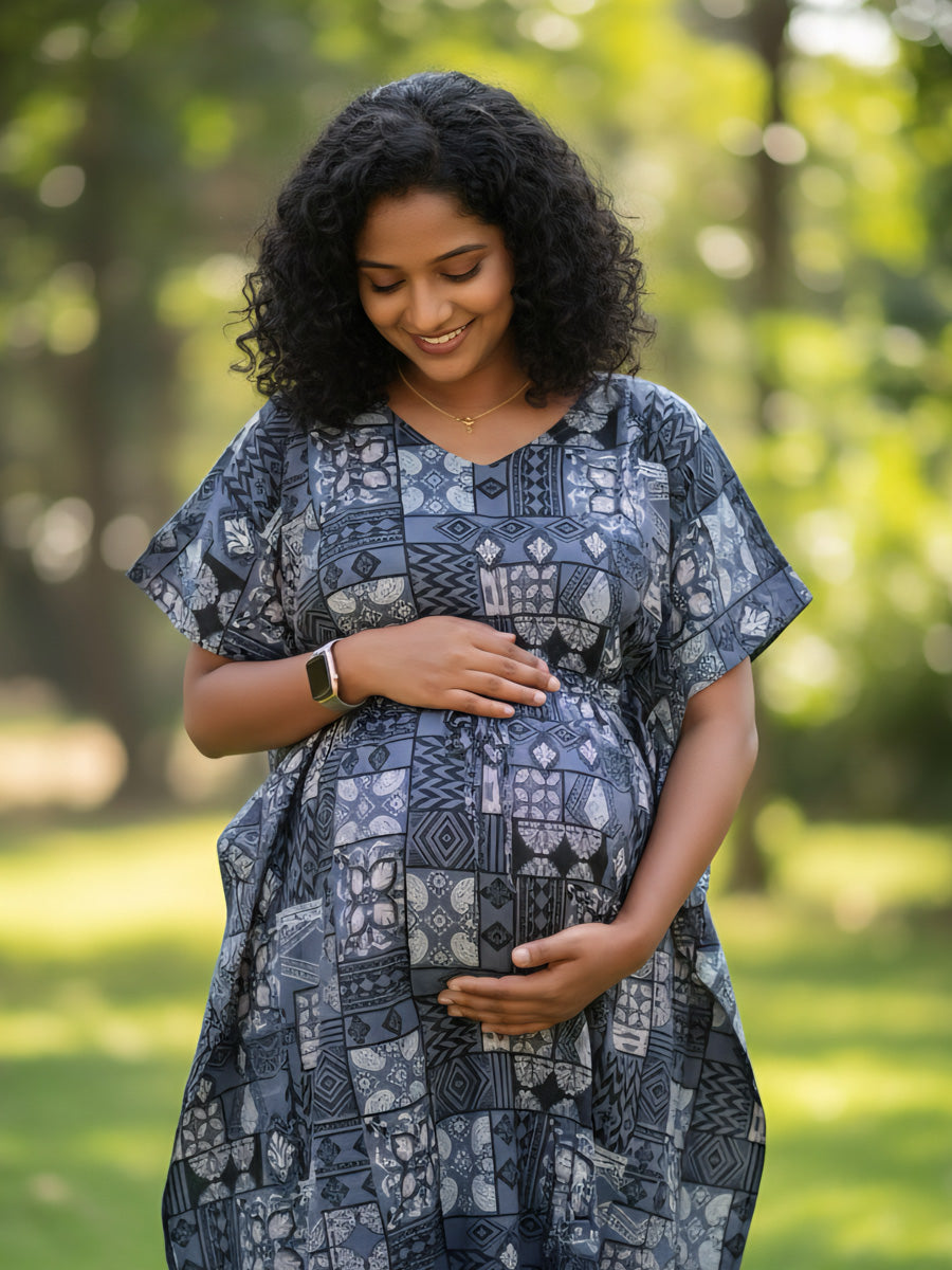 Greyish Blue Patchwork Maternity & Feeding Kaftan with Dual Nursing Zips |ziva