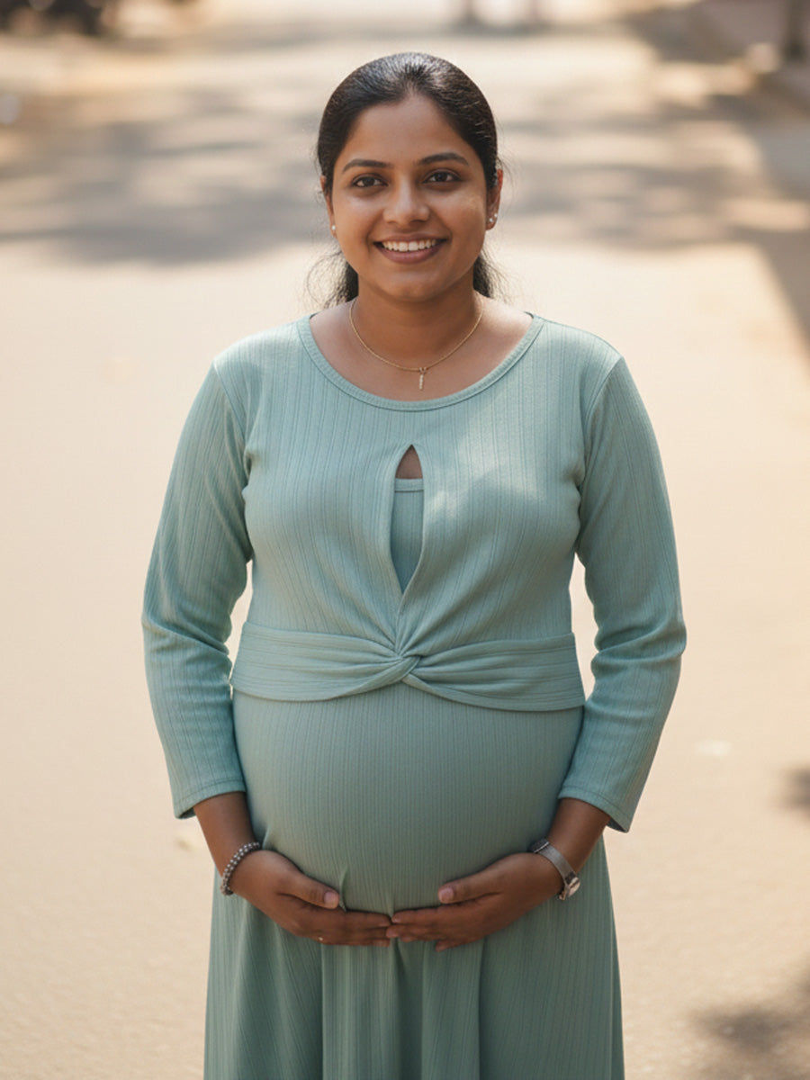 Green Twisty Knit Cotton Maternity & Nursing Dress (Zipless Feeding) – Ziva