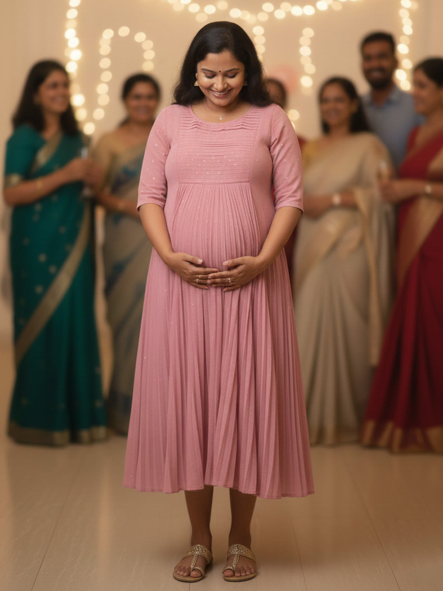 Dusty Pink Pleated Party Wear Maternity & Nursing Dress – Ziva