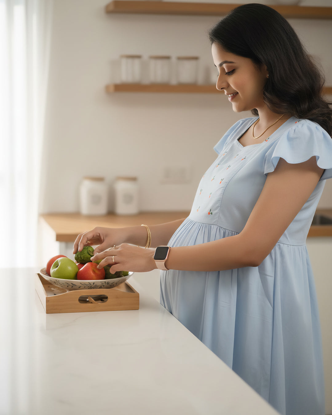 Blue Cotton Maternity and feeding Dress with Flutter Sleeves & Adjustable Side Ties