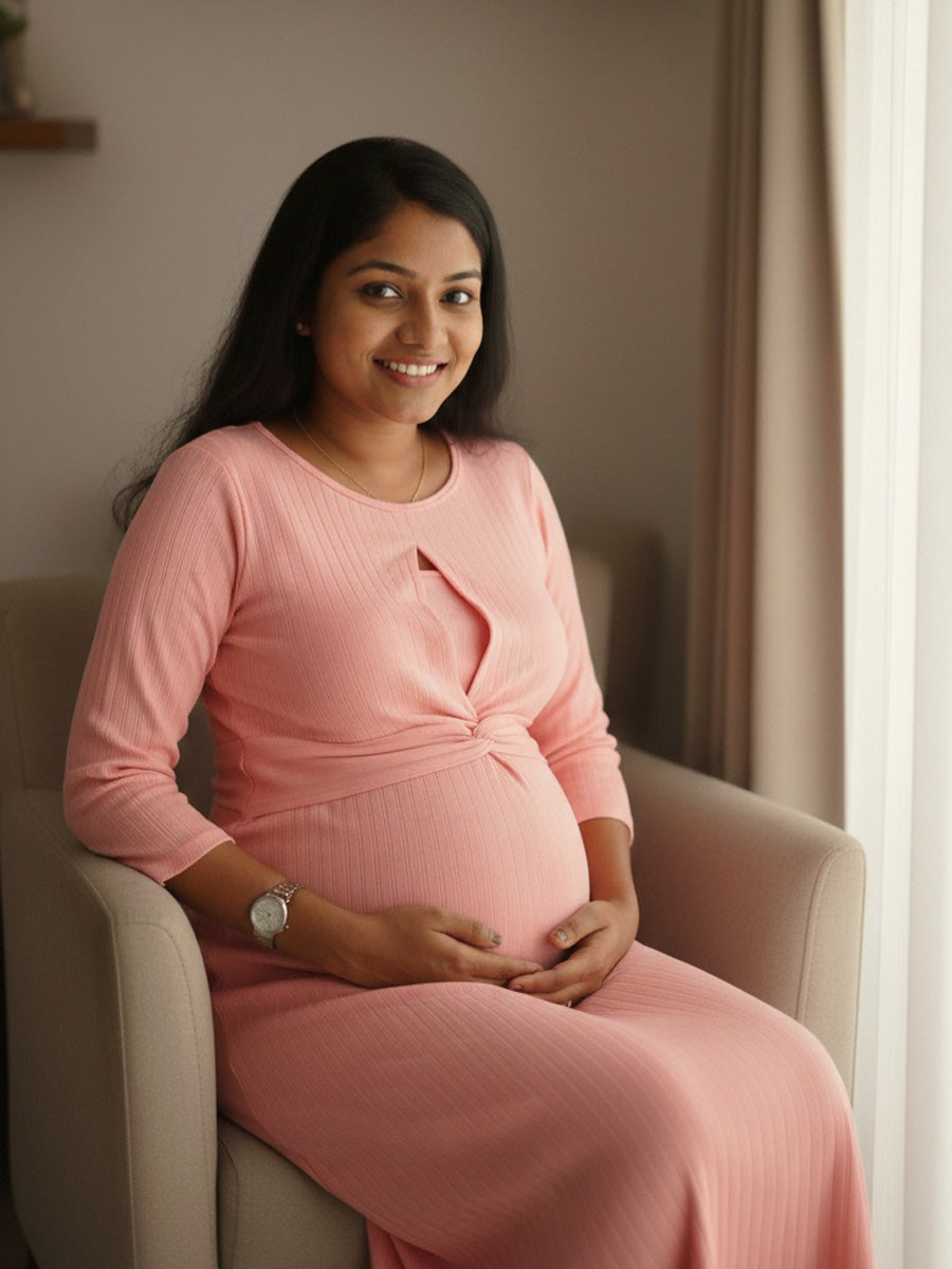 Pink Solid Twisty Knit Cotton Maternity Dress – Zipless Feeding Access | Ziva