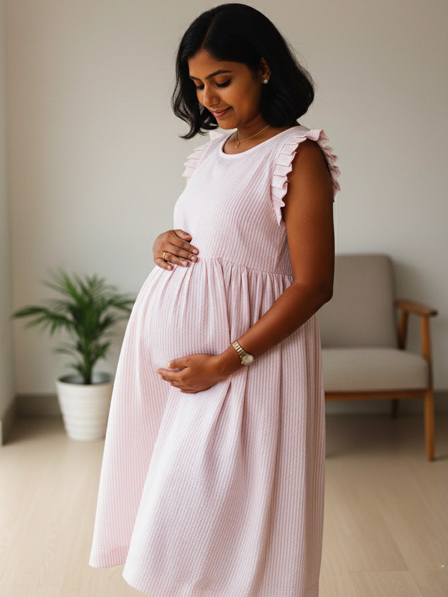 Peach Striped Cotton Maternity & Nursing Dress with Concealed Zips | Ziva