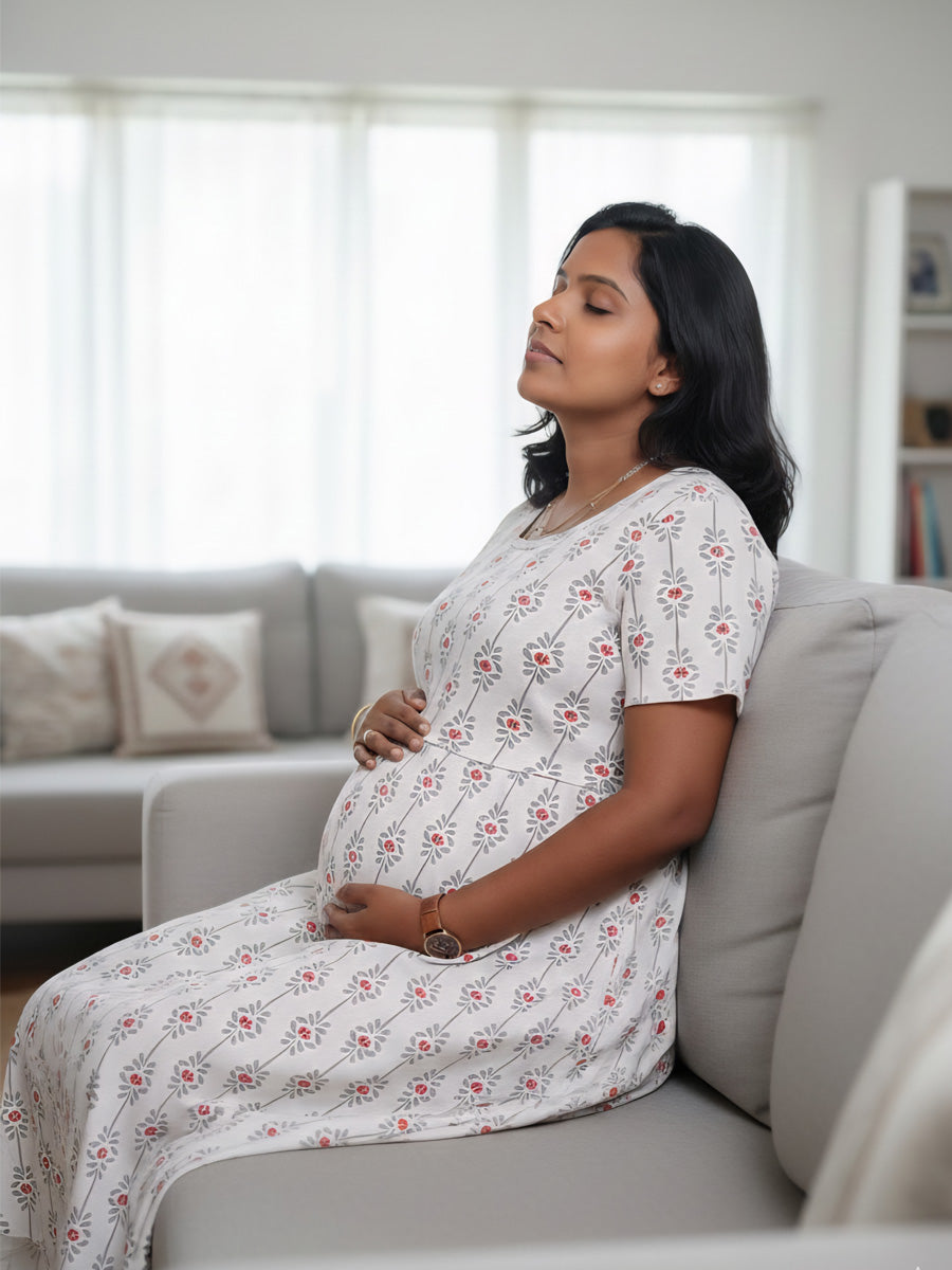 Cream  Floral Knitted Zipless Maternity & Nursing Dress | Ziva