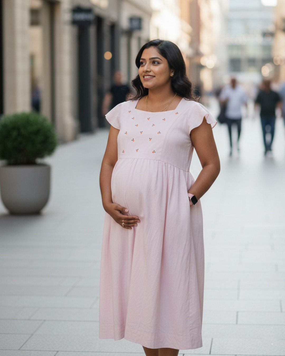 Soft Pink Cotton Maternity Dress with Flutter Sleeves & Nursing Zips ! Ziva