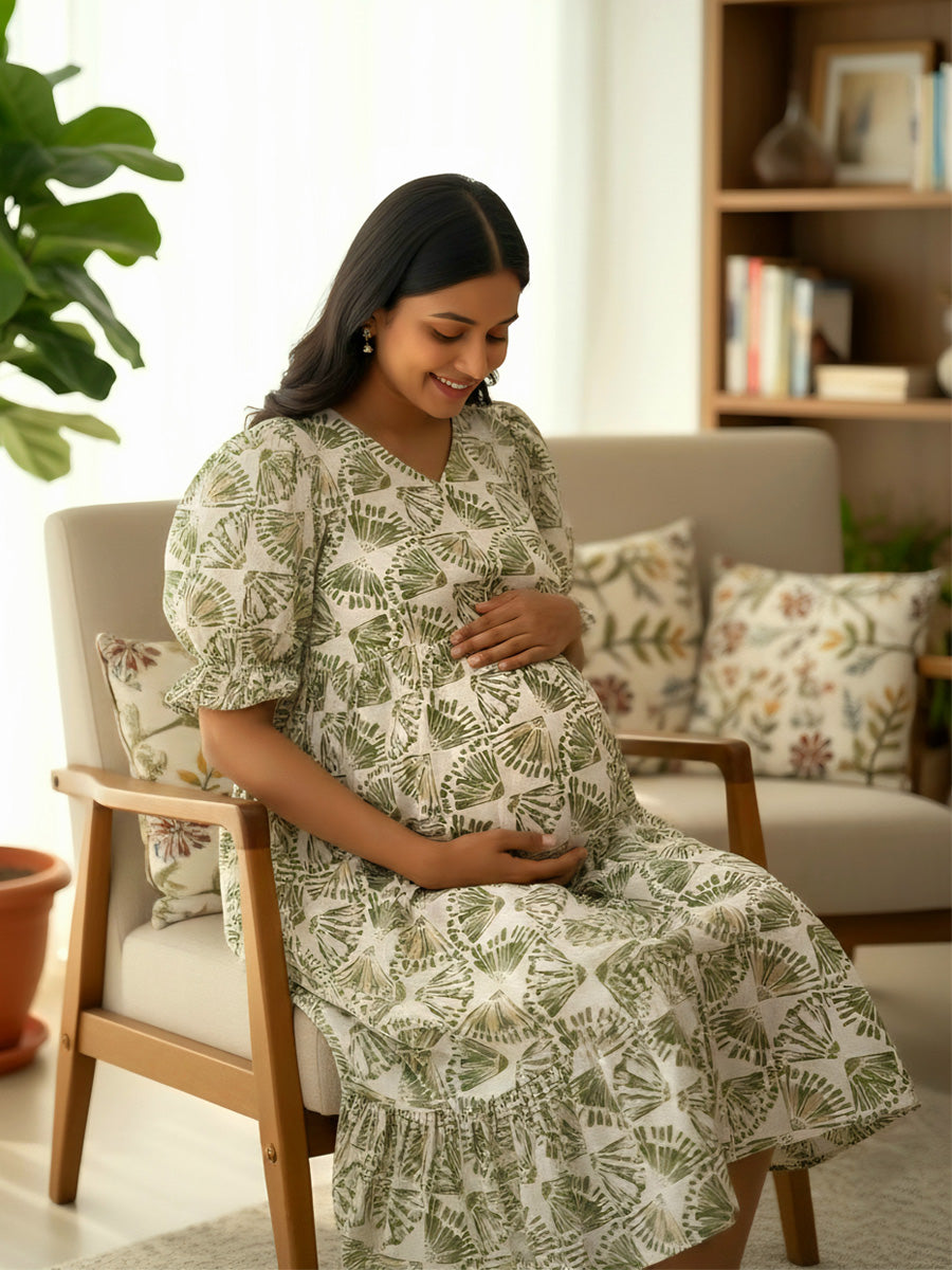 Off-White & Green Floral Block Print Maternity & Nursing Dress – Ziva