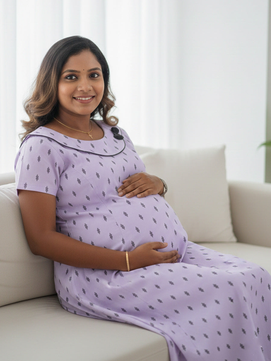 Lavender Geometric Printed Cotton maternity & Feeding Short Nightwear
