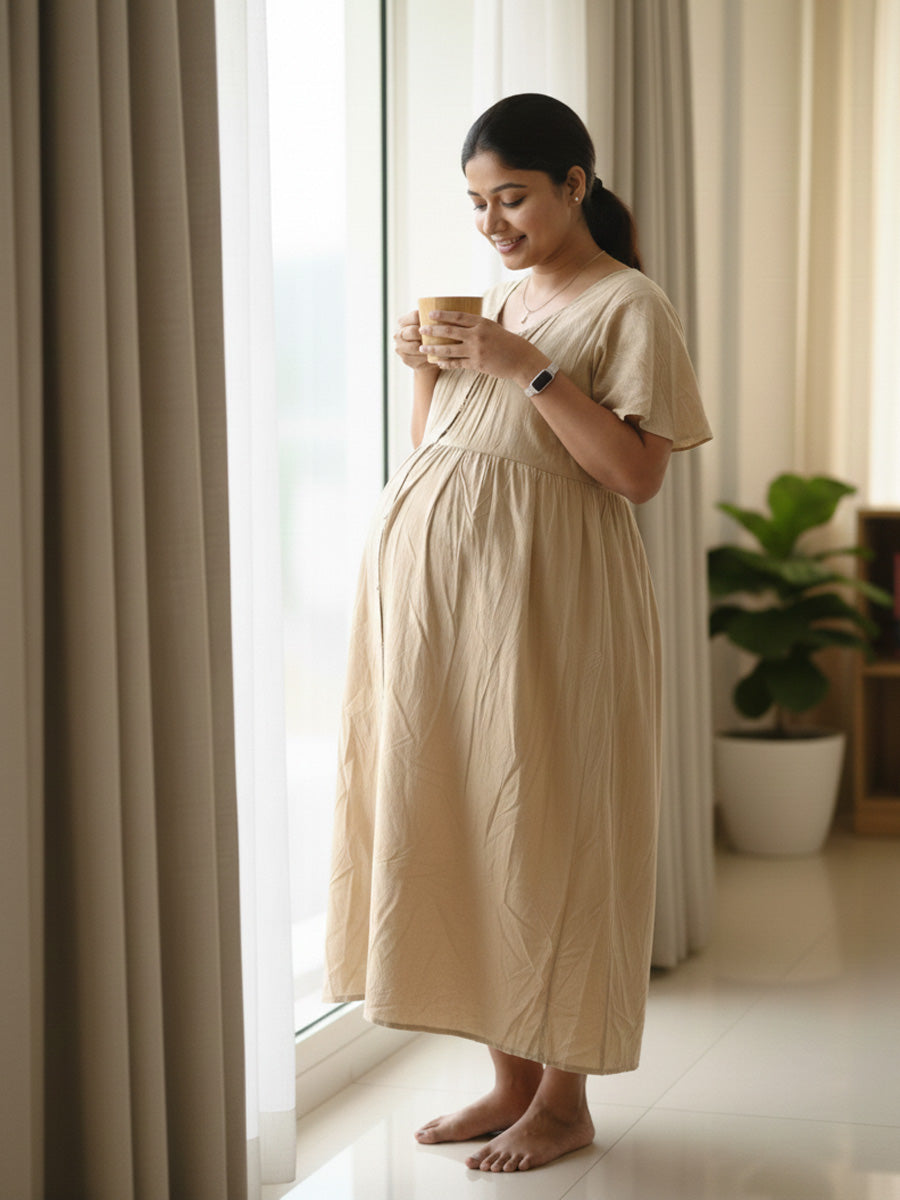 Coffee Cream Full-Open Short Maternity & Feeding Nighty
