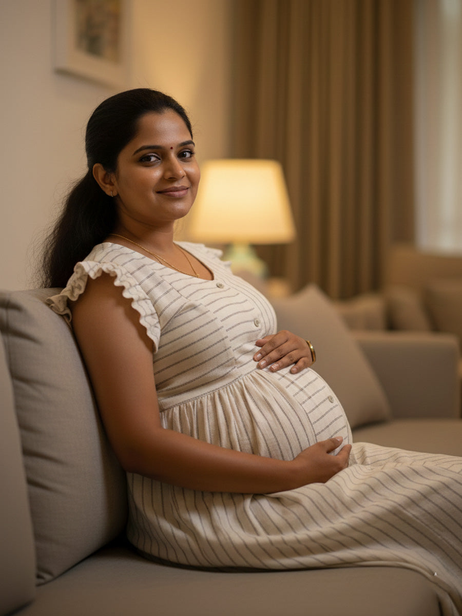 Cream Organic Cotton Maternity & Feeding Dress – Elegant Fine Black Striped print