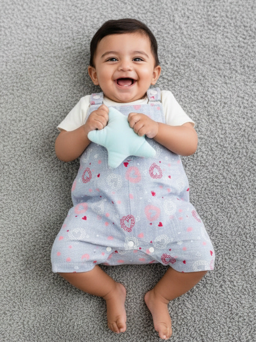 Grey-Blue Heart Print Knitted Jumpsuit with White Inner Top – Soft Baby Boy Romper Set