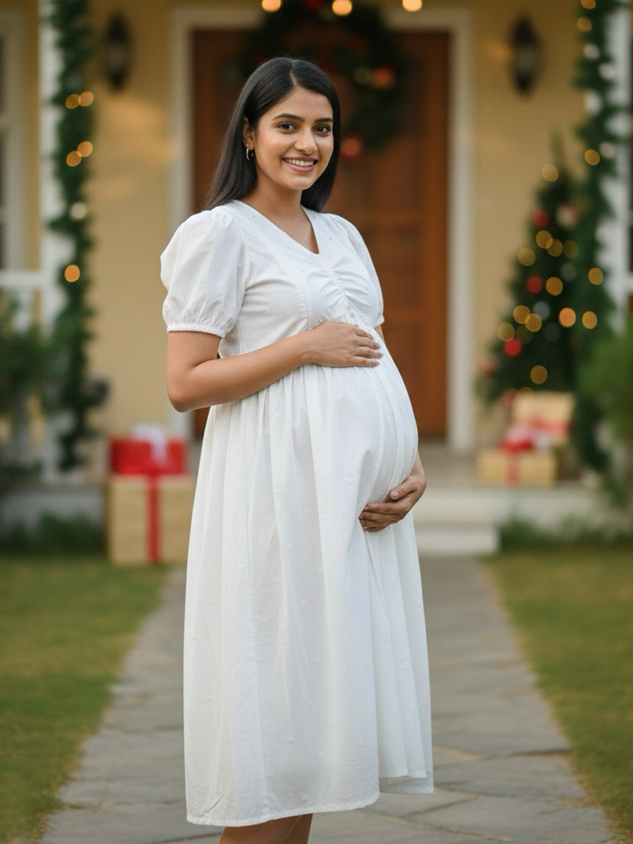 White Cotton Maternity & Feeding Dress with Bead & Thread Work – Christmas Edition