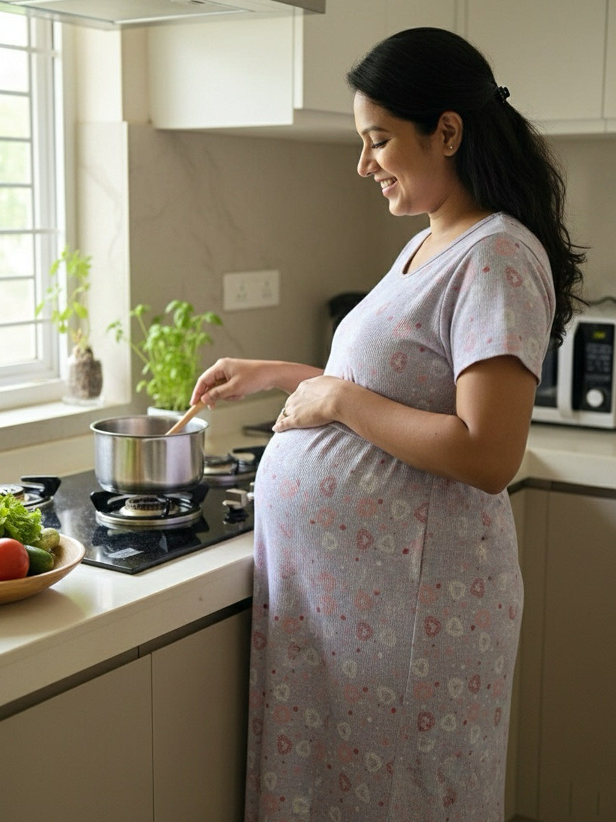 Blue & White Micro-Check Heart Print Maternity & Feeding  Zipless dress