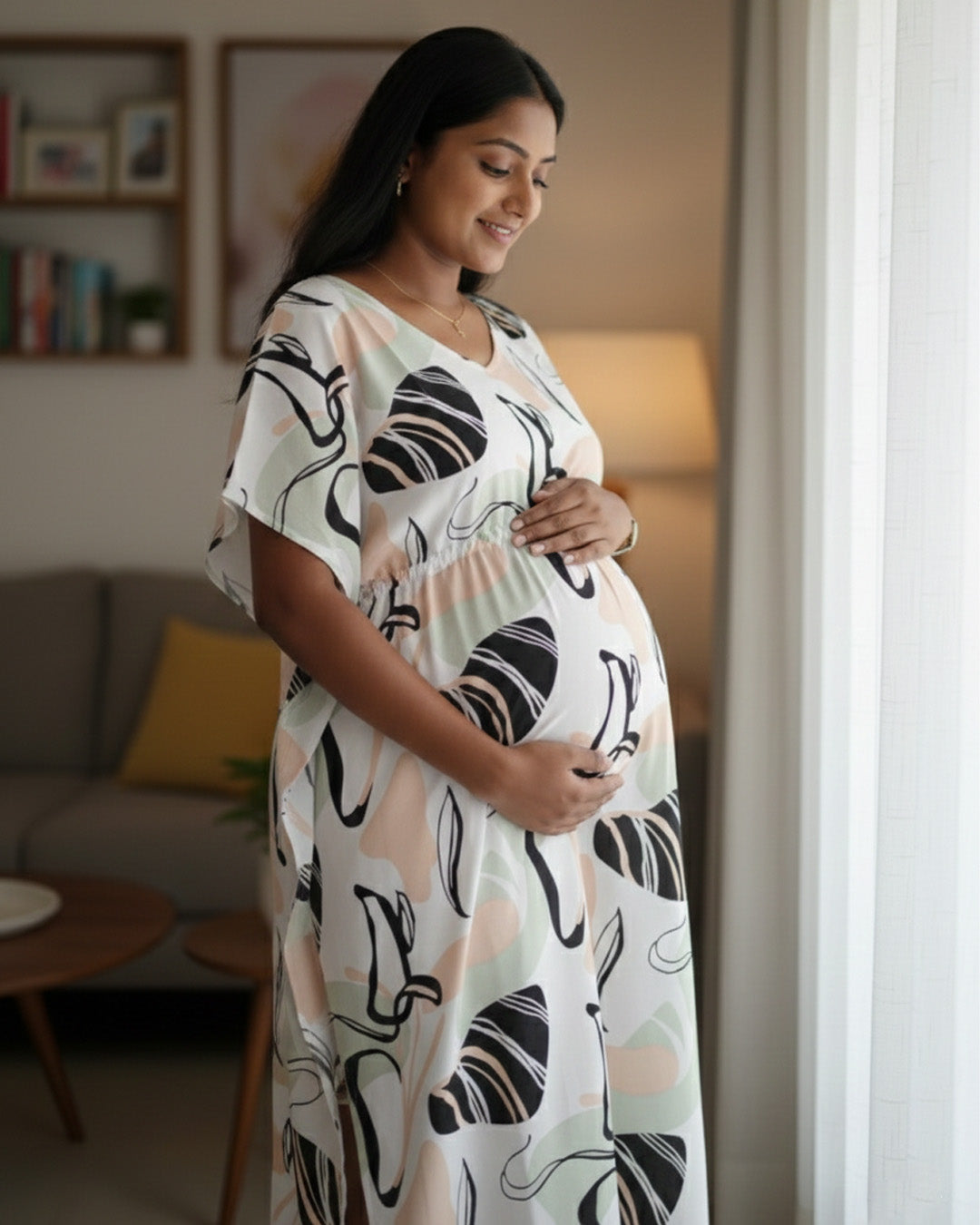 Maternity & Nursing Kaftan – White with abstract print & dual Zips | ziva