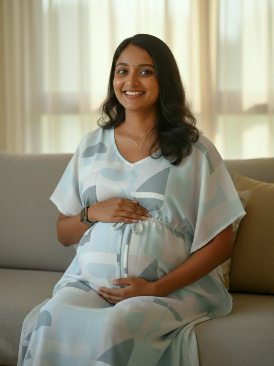 White Geometrical Print Maternity & Feeding Kaftan|ziva