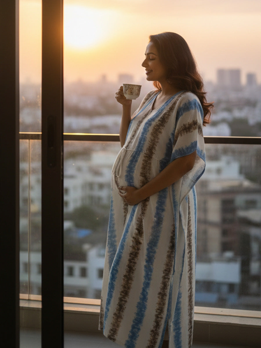 White Brushstripe Maternity & Feeding Kaftan | Ziva Maternity wear