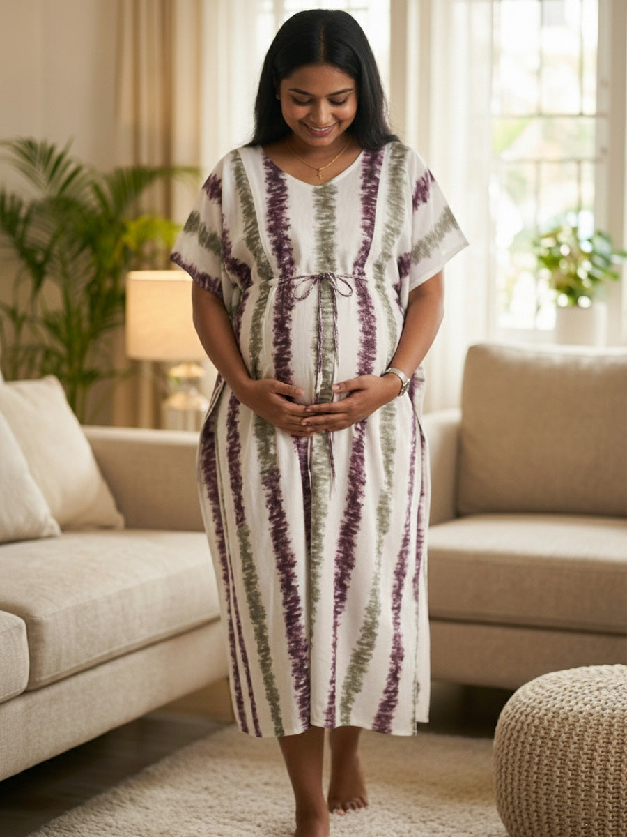 White Vertical Violet-Green Tie-Dye Print Maternity & Nursing Kaftan with Zips | Ziva