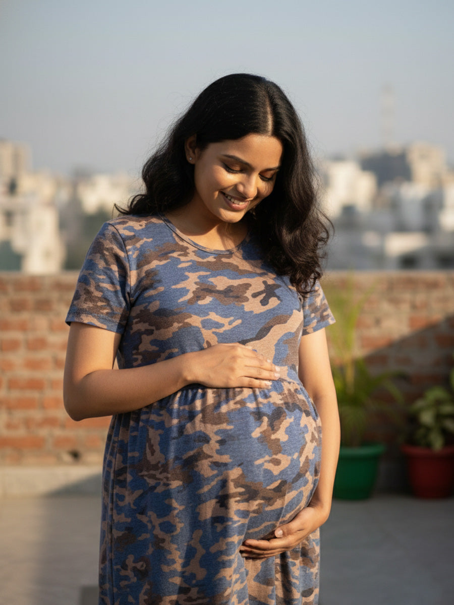 Navy Blue Camouflage Zipless Feeding Dress ,  Pull-Up Nursing Access | ziva