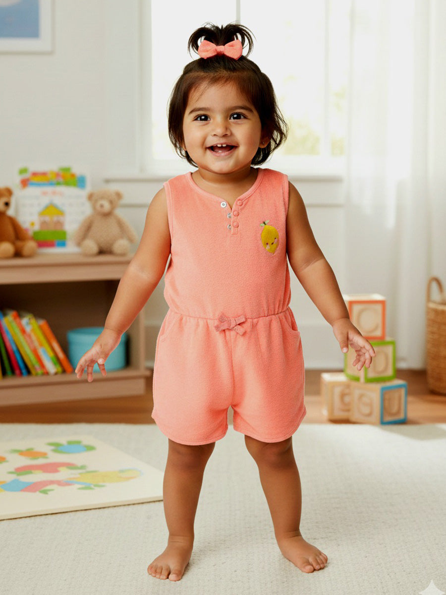 Peach Color Jumpsuit in Terry Fabric with Lemon Embroidery | 0–3M to 3Y