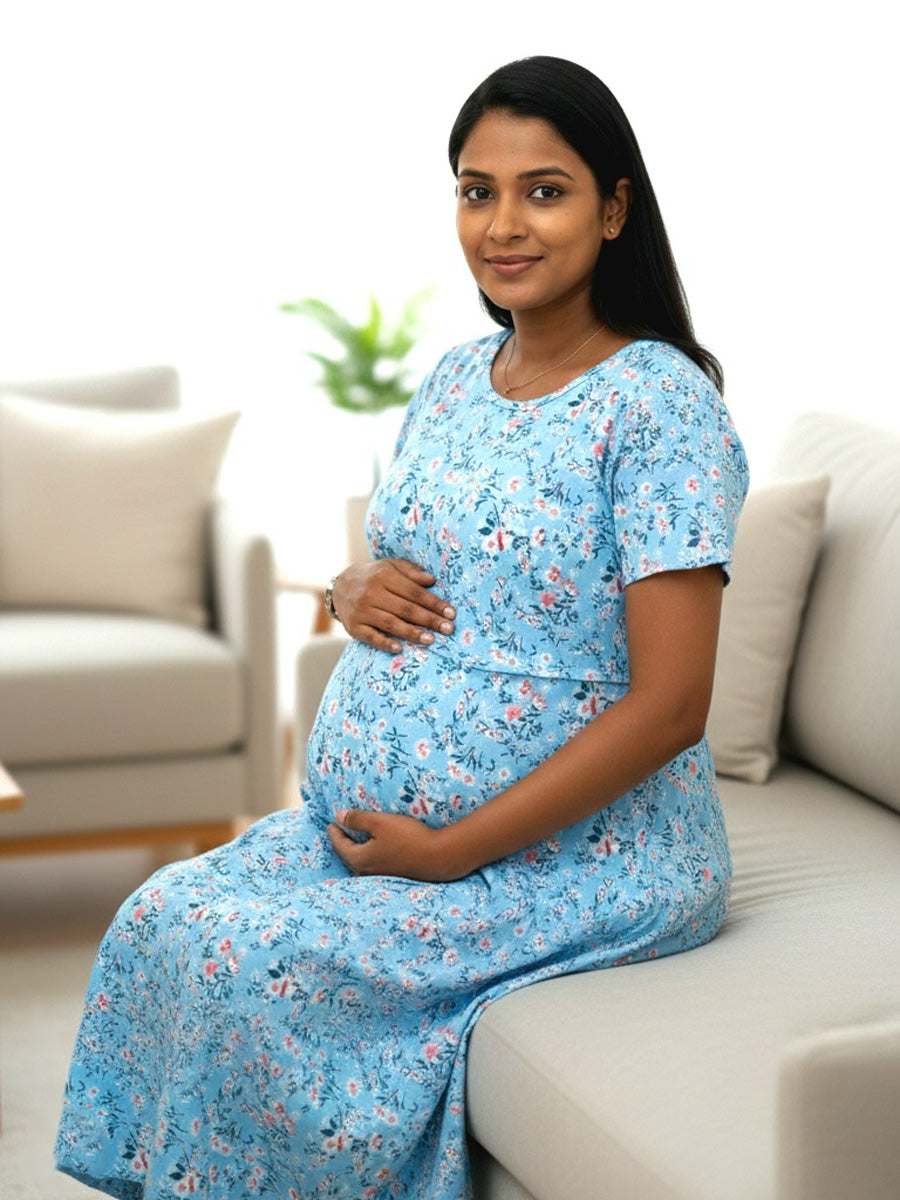 Sky Blue Zipless Floral Maternity & Feeding Dress | ziva